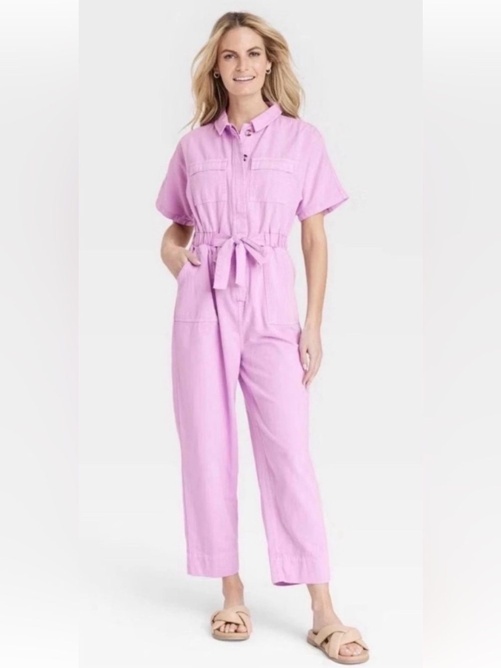 Women’s Lavender Jumpsuit 100% cotton, with Tie Waist and so many pockets.
